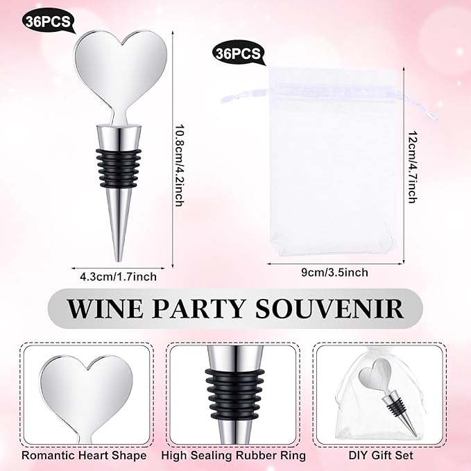 Blank Heart Shape Wine Stopper Stainless Steel Beer Stopper Blank Board Stopper with White Sheer Organza Bags Wedding Favor for Guests Wine Party Gifts Bridal Shower(Silver,36 Sets)