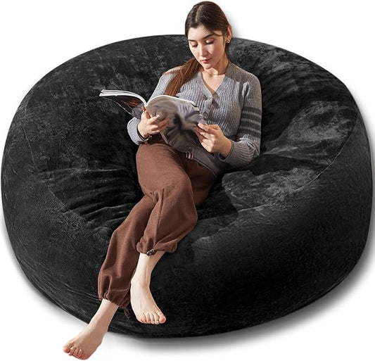 Bean Bag Chair 6Ft, Memory Foam Filled, Large Beanbag Chairs for Adults and Teens, Soft Sofa with Removable Flannel Cover, Round Couch for Living Room Bedroom College Dorm (Black, 6FT-67×67"×24")
