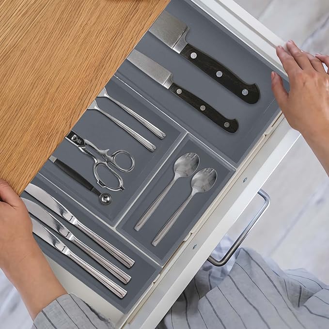 Bamboo Drawer Organizer - Kitchen Utensil Organizer Silverware Tray Cutlery Holder，Office Desk Supplies and Accessories,8.9 * 3 * 2.6,Grey