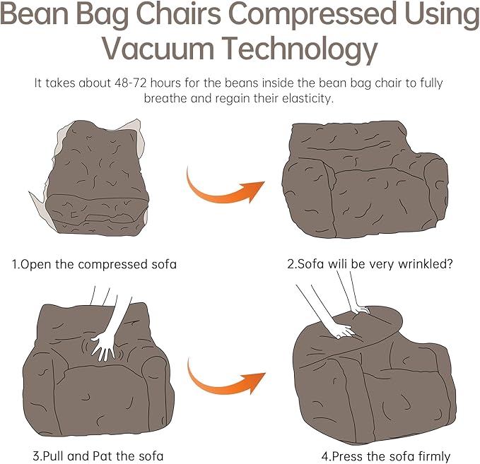 Bean Bag Chair with Filler, Bean Bag Sofa with Tufted Soft Stuffed Filling, Fluffy and Lazy Sofa, Comfy Cozy BeanBag Chairs with Memory Foam for Dorm, Apartment, Living Room (Brown)