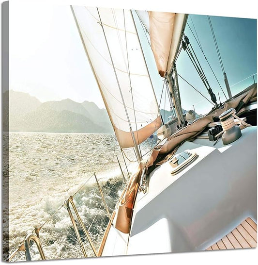 ARTISTIC PATH Sailboats Pictures Seascape Arts Paintings: Nautical & Sea Artwork Printed on Wrapped Canvas for Bathroom (24" W x 18" H, Multi-Sized)