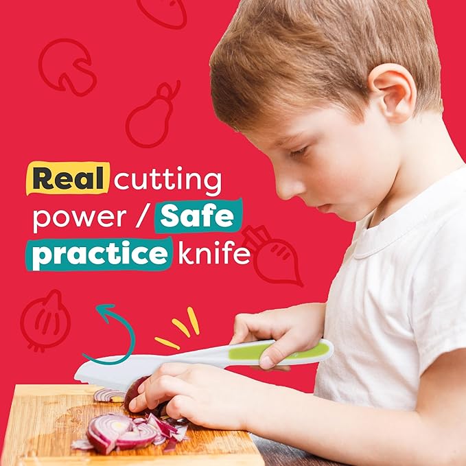 Baketivity 6 Piece Kids Cutting Board and Knife Set | Plastic Knives and Flexible Cutting Boards for Safe and Fun Cooking | Dishwasher Safe Kids Knifes for Real Cooking | Suitable for Children 6+