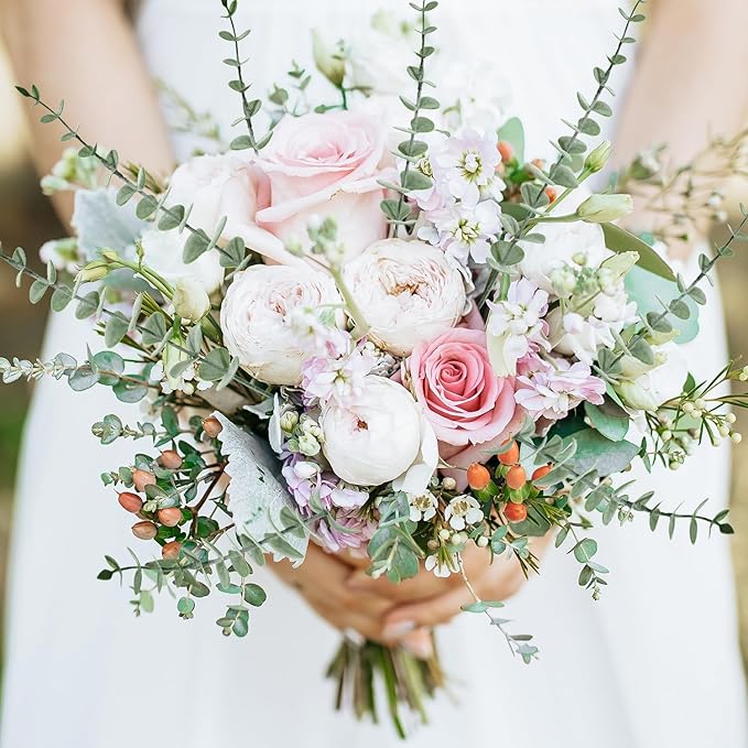 48Pcs Faux Eucalyptus Stems, 15" Artificial Eucalyptus Plants with White Frosted Coating, Fake Eucalyptus Decor Plastic Greenery Leaves for Wedding Bouquets Home Decor DIY Floral Arrangements