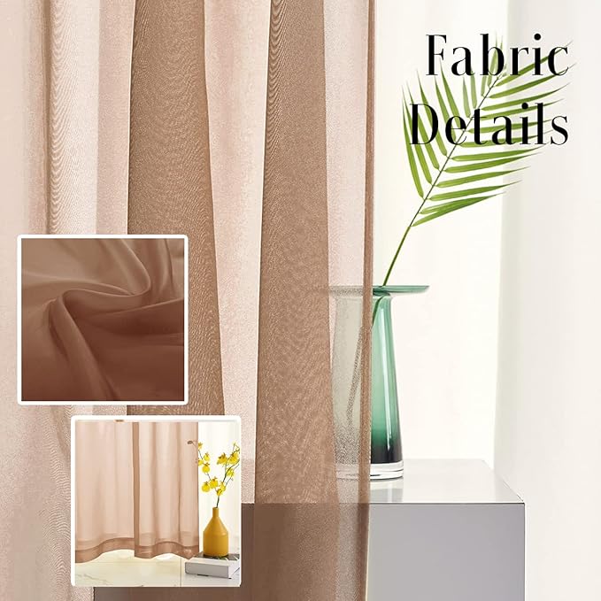Brown Sheer Curtains 45 Inch Length 2 Panels for Small Windows Rod Pocket Sheer Voile Curtains Light Filtering Brown Sheer Drapes for Kitchen,Living,Bedroom 45 Inches Long