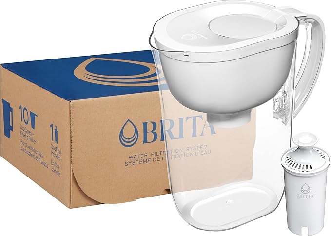 Brita Large Water Filter Pitcher, BPA-Free Water Pitcher, Replaces 1,800 Plastic Water Bottles a Year, Lasts Two Months or 40 Gallons, Includes 1 Filter, 10-Cup Capacity, Bright White