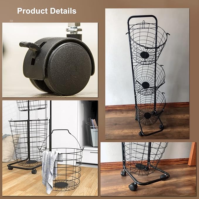 3 Tier Laundry Basket with Rolling Lockable Wheels Wire Metal Sorter Storage Trolley Shelf Basket Durable Metal Sorter Clothes Storage Trolley Shelf with Removable Hamper for Organizing Clothes