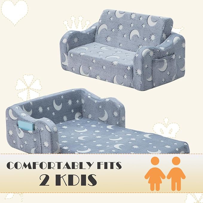 Baby Toddler Sofa Couch for Kids Extra Wide 2-in-1 Foldable Toddler Fold Out Couch Bed for Playroom, Pull Out Children Convertible Sofa to Lounger for Boys & Girls with Double Pockets, Grey Moon