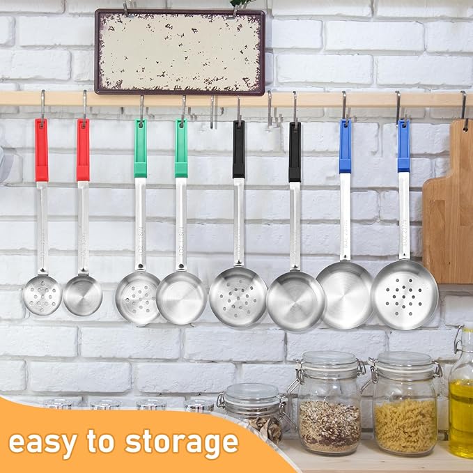 16 Pcs Portion Control Serving Spoons, Restaurant Measuring Serving Ladle Utensils, Portion Control Slotted Scoops for Weight Loss, Solid and Perforated Scoops(4 Colors,4 Sizes)