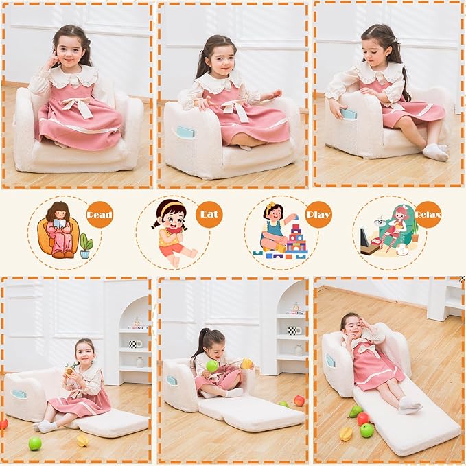 Baby Toddler Sofa Couch for Kids Foldable 2-in-1 Sherpa Fold Out Couch Bed for Playroom, Pull Out Children Convertible Sofa to Lounger Sleeper Chair for Boys & Girls with Double Pockets - Pink