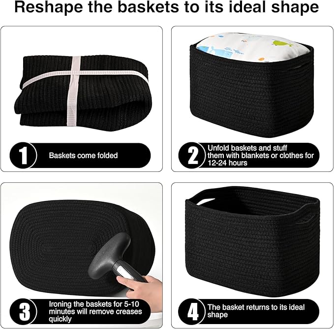 Black Storage Baskets for Organizing Shelves, Toy Basket for Nursery, Woven Cotton Rope Basket for Decor, Towel Baskets for Bathroom, 15"x11"x9.5", 3 Packs, Black