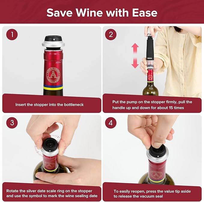 Beneno Wine Saver Vacuum Pump with 4 Wine Stoppers Keep Wine Fresh, Silicone Wine Bottle Stopper Wine Sealer Preserver, Ideal Wine Saver Accessories Gift