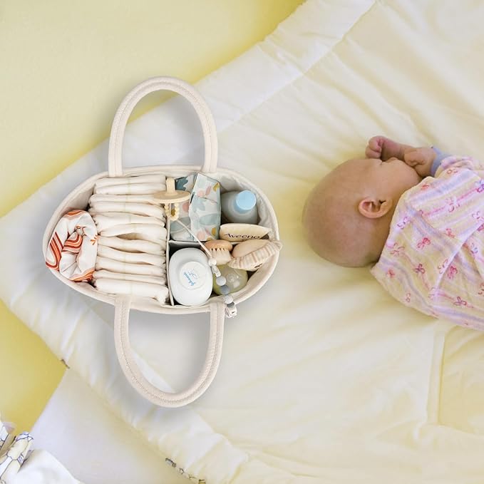 Baby Diaper Caddy Organizer for Girl Boy Rope Nursery Storage Bin Basket Portable Holder Tote Bag for Changing Table Car Travel Baby Shower Gifts Newborn Registry Must Haves