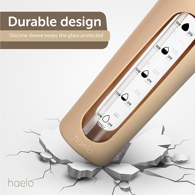 24oz Glass Motivational Water Bottle with Flip Lid Straw, Silicone Protective Sleeve, Handle, Reusable BPA Free (Black)