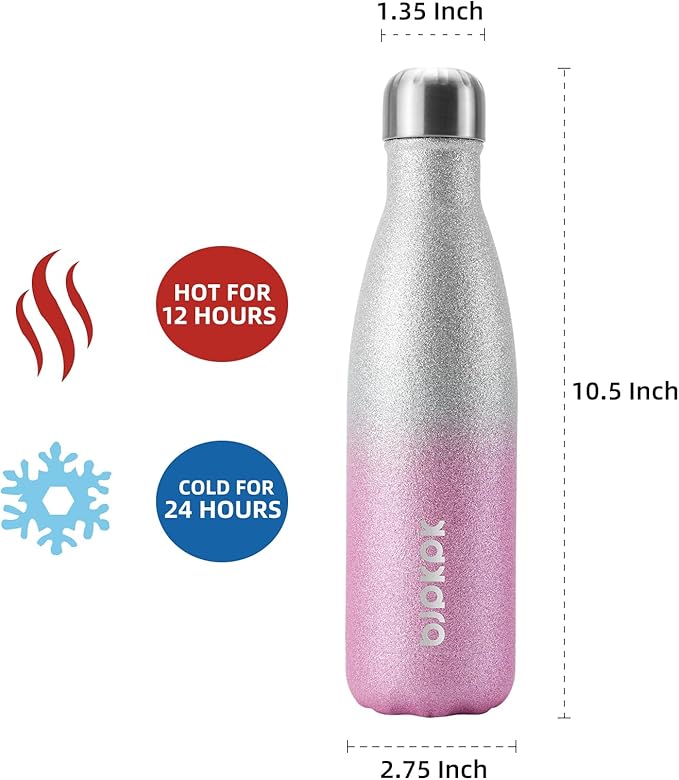 BJPKPK Insulated Water Bottles -17oz/500ml -Stainless Steel Water Bottles,Sports Water Bottles Keep Cold for 24 Hours and Hot for 12 Hours,BPA Free Water Bottle,Glitter Silver Pink