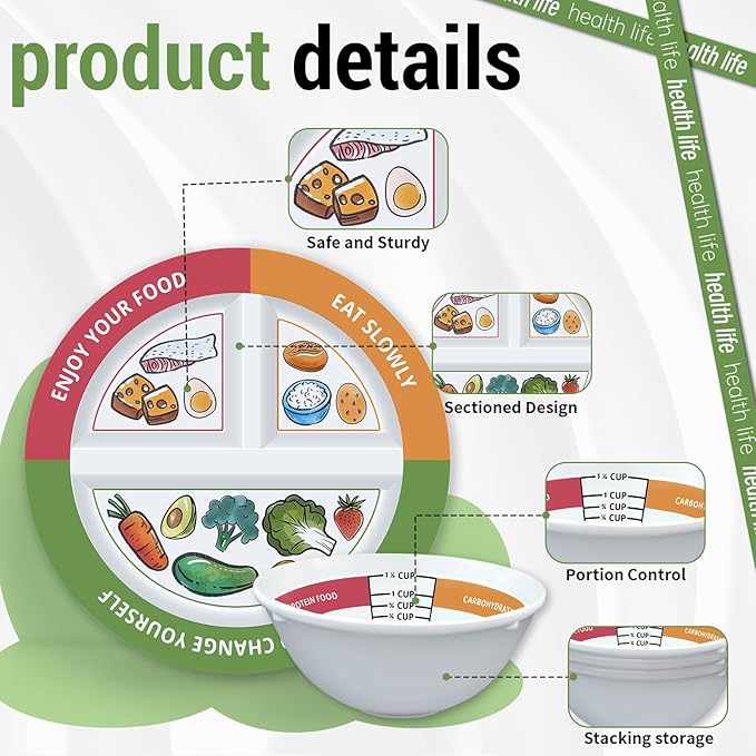 4 Pcs Portion Control Plates & Bowls Set (9 Inch), Self-Measuring for Weight Loss, Gastric Bypass, LapBand, Diabetes, & Healthy Diets, Divided Nutrition Plates for Adults & Children