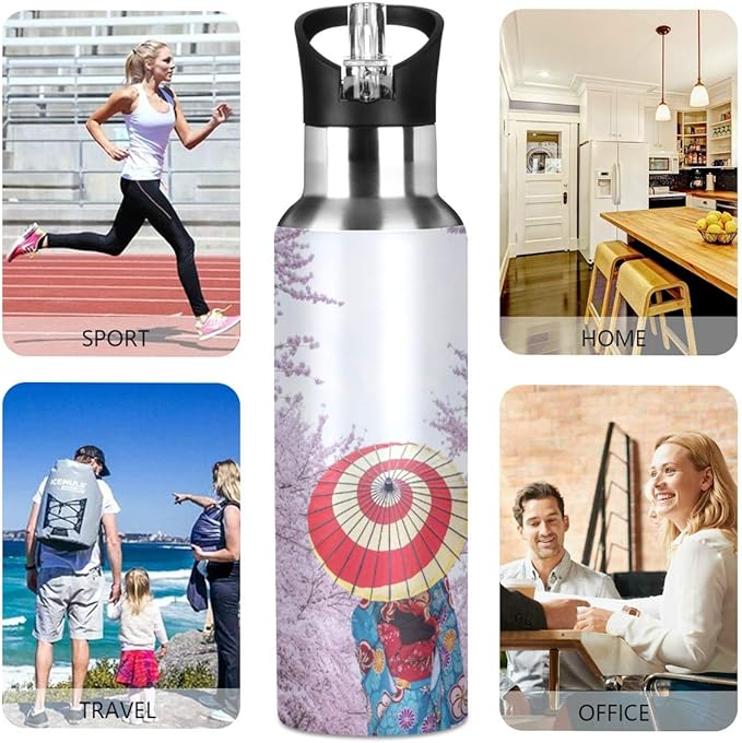 Blueangle Insulated Stainless Steel Water Bottle - Asian Kimono Cherry Blossom - 22 oz Water Bottles Keeps Hot and Cold - Sports Water Bottle Great for Hiking & Biking