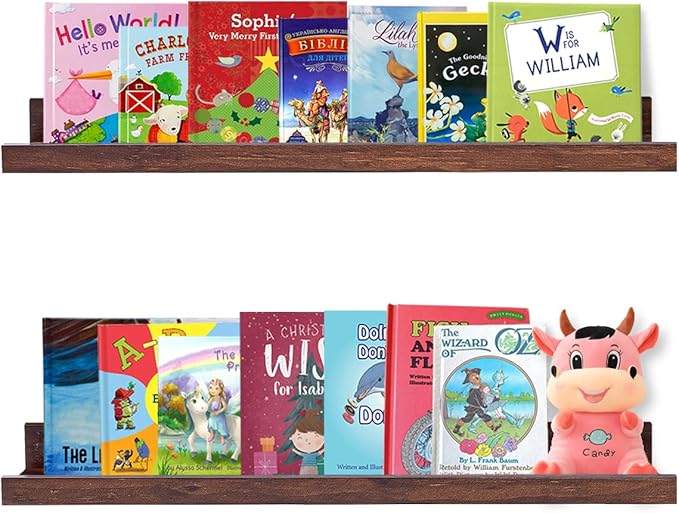 AZSKY Floating Book Shelves Wall Mounted Photo Shelf Picture Ledge Deep Walnut Display Shelves for Home Living Room Bedroom Bathroom Office Set of 2