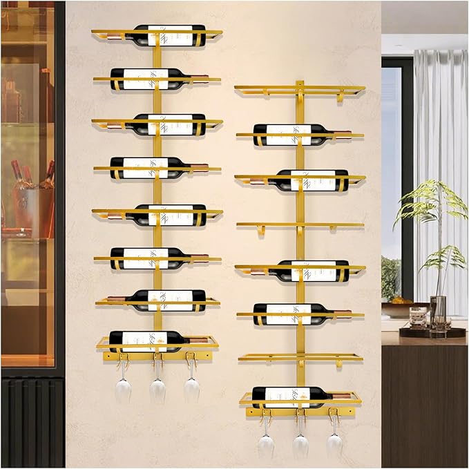 16 Bottle Wall Mount Wine Rack with Wine Glass Holder, Metal Wine Wall Rack, Wall Racks for Wine Bottles Display and Storage, Hanging Bottle Organizer for Living Dining Room Wine Cellar Bar (Gold)