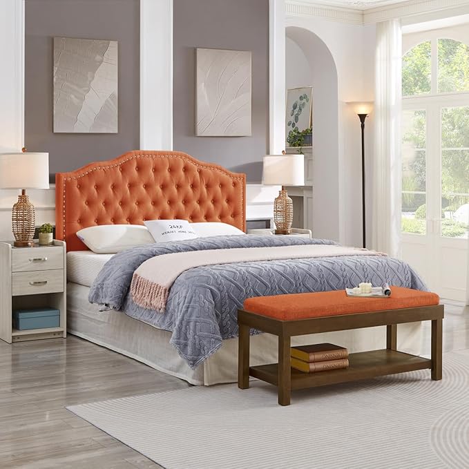 24KF Upholstered Button Tufted Queen Headboard with Nailhead Trim, Elegant Boucle Fabric Full headboard, 6031-Q-Boucle-Orange