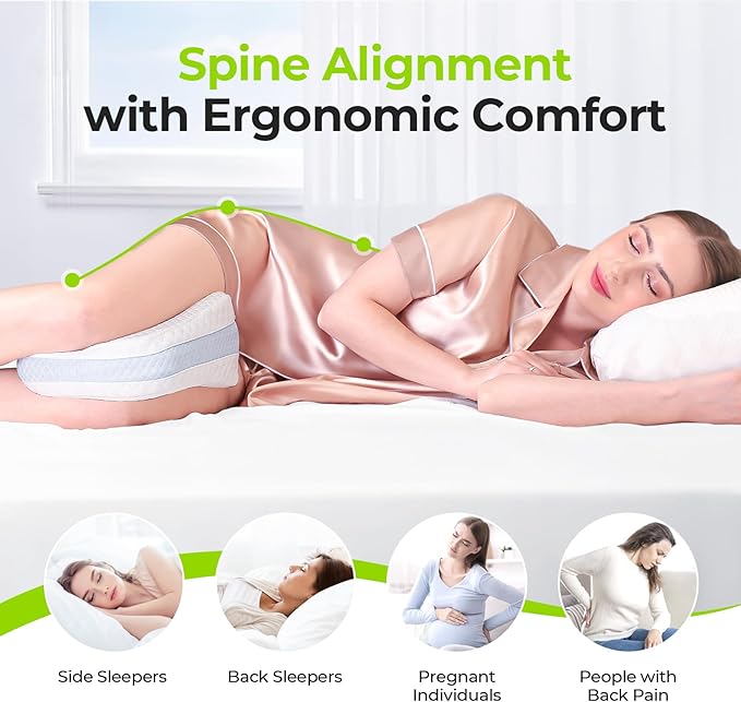 AUVON Leg & Knee Pillow for Sciatica, Back, HIPS, Joints Pain Relief, Enhanced Softness & Support Sandwhich Memory Foam Knee Pillow for Side Sleepers, Ice Silky Fabric for Sleeping Comfort
