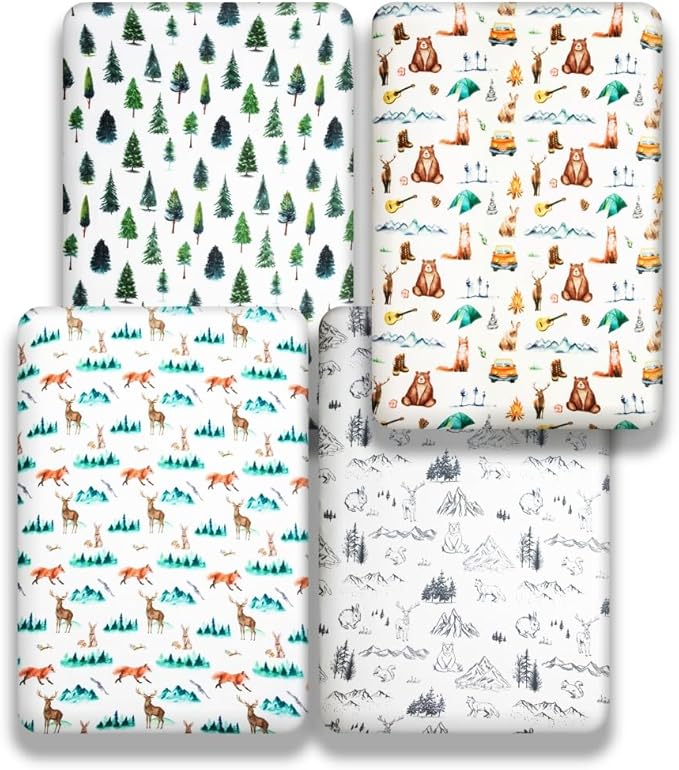 4 Pack Woodland Forest Animals Wood Neutral Unisex Fitted Baby Crib Sheets Set for Baby Boys or Girls Forest