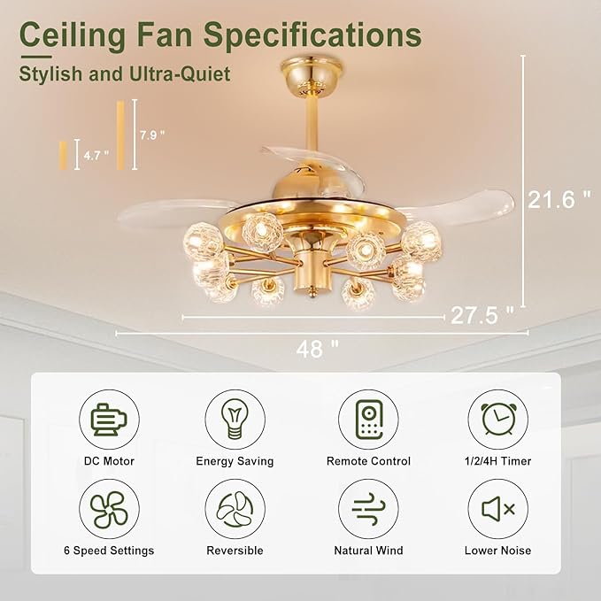 48" Chandelier Ceiling Fans with Lights: 12-Light Sputnik Crystal Ceiling Fan Chandelier - Modern Retractable Fandelier Ceiling Fan for Dining Living Room Bedroom - Gold Fandelier with Lights