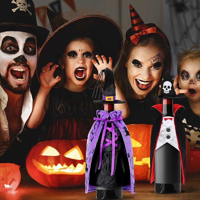 4 Pcs Halloween Wine Bottle Cover Witch Vampire Wine Clothes Dracula Wine Dress for Halloween Party Table Decor
