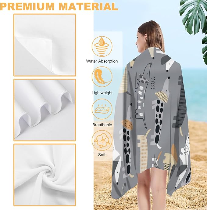Beach Towel Oversized, Cute Dachshund on Grey Microfiber Beach Towels, Lightweight, Absorbent, Quick Dry, Sand-Free Beach Blanket, Unique and Ideal Gift for Camping, Pool,Yoga, 29.5” X 59”