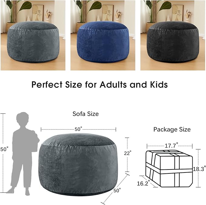Bean Bag Chairs for Adults - Memory Foam Furniture BeanBag Chair - Kids/Teens Sofa with Soft Micro Fiber Cover - Round Fluffy Couch for Living Room Bedroom College Dorm - 5 ft, Grey