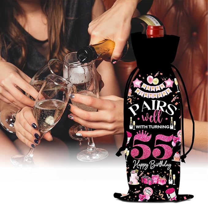 55th Birthday Gifts for Women Men Wine Bag, 55 Year Old Birthday Wine Bags for Women Men, 55th Birthday Party Decorations for Women Men, Pairs Well with Turning 55 Wine Bags (Black Pink)