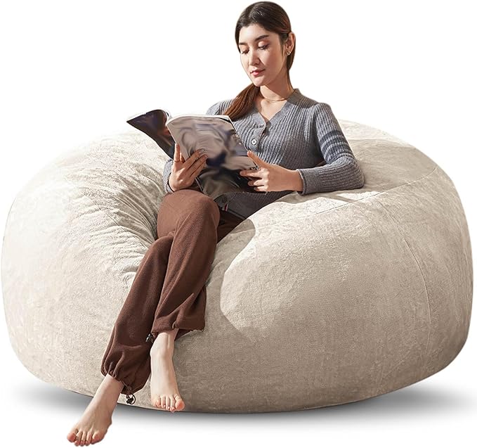 Bean Bag Chair 6Ft, Memory Foam Filled, Large Beanbag Chairs for Adults and Teens, Soft Sofa with Removable Flannel Cover, Round Couch for Living Room Bedroom College Dorm (Apricot, 6FT-67×67"×24")