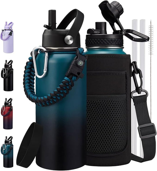 32/40/64oz Insulated Water Bottle with Straw - Spout Lids, Paracord Handle, Shoulder Carrier Bag, 32 oz Stainless Steel Water Bottle Thermal Flask for Sport Travel Work, Hydro Mug Cold for 48Hrs