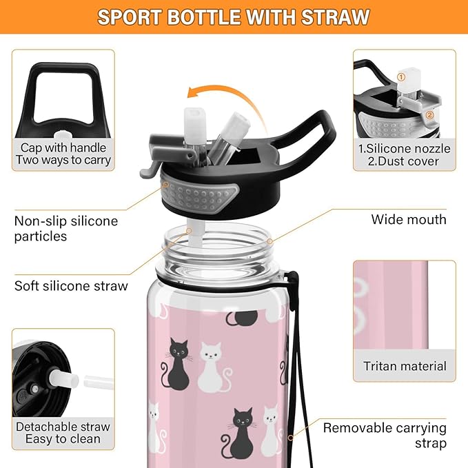 Black White Cat Water Bottle with Straw colorful Sports Bottles BPA-Free Tritan Water Jug with Carrying Strap for Women Men Gym