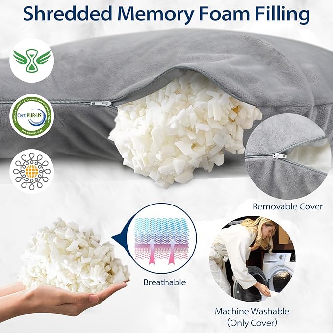 Body Pillows for Adults with Shredded Memory Foam, 65 inches Long Side Sleeper Pillow Full Body Pregnancy Pillows for Sleeping with Washable Pillowcase for Back, Hip, Knee, and Leg Relief
