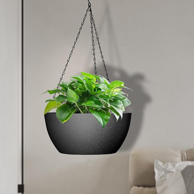 10 inch Hanging Planters for Outdoor Indoor Plants with Drainage Holes and Chain, 2 Pack Round Hanging Flower Pots for Garden Home Porch Decor, Black