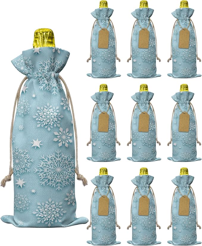 10 Pack Wine Bottle Bags, Christmas Snowflake Wine Bottle Cover with Drawstring, Winter Snowflake Green Backdrop Gift Bag for Champagne Wedding Birthday Party