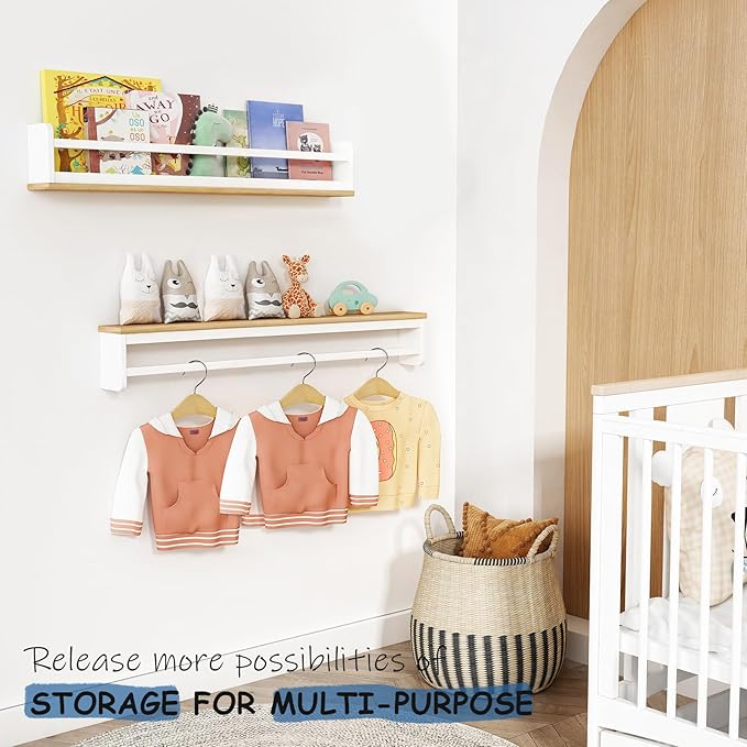 36 Inches Long Nursery Floating Shelves for Wall, Large Wall Book Shelves for Kids Room, White and Natural Haning Bookshelf for Toddlers Child Kids Bedroom Classroom Library (Set of 3)