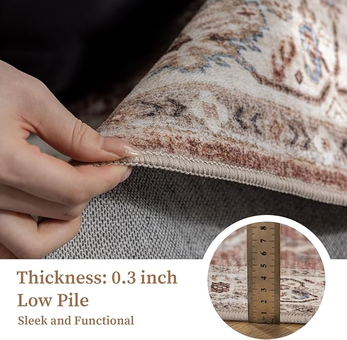 6'x9' Area Rug - Vintage Persian Medallion Design Low-Pile Faux Wool Rug, Non-Slip Backing, Machine Washable, for Living Room, Dining Room, Bedroom (Brick Red)