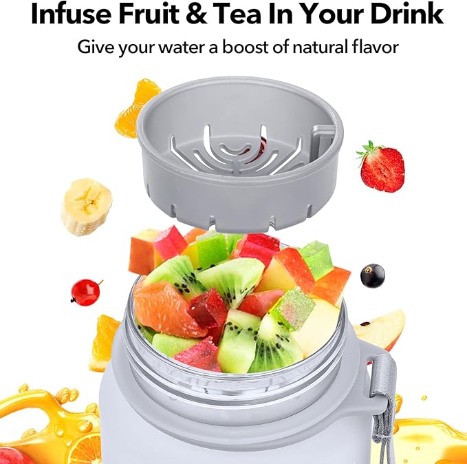 32oz Motivational Water Bottle with Time Marker & Fruit Strainer, Leak-proof BPA Free Non-Toxic Bottle with Carrying Strap, Perfect for Fitness, Gym and Outdoor Sports