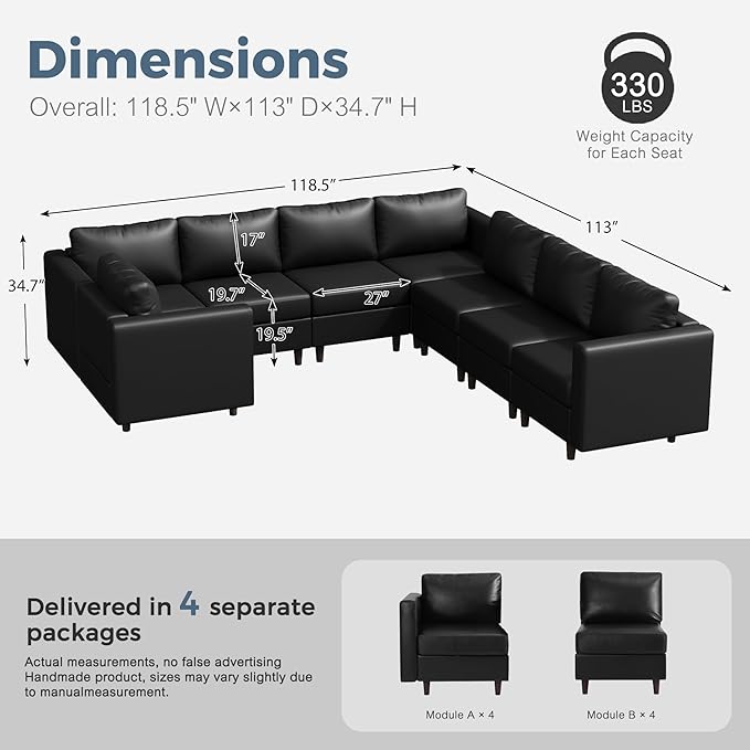 118.5" Faux Leather Modular Sectional Sofa, U Shaped Couch Set for Living Room, Large 8-Seater Comfy Cloud Couches with Storage Seat DIY Combination - Black