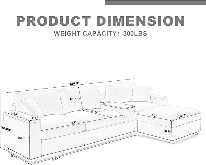 120.3" Modern L-Shaped Sectional Sofa with 360°Swivel Drop-Down Table, Storage Armrest, USB Ports & Movable Storage Ottoman – Plush Linen Cloud Couch for Lounge (Grey)