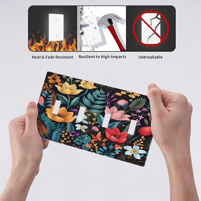 Boho Floral Vintage Flower Leaves Rustic Wildflower Plants Quad Toggle Light Switch Covers 4 Gang Wall Plate Decorative Switchplate Electrical Faceplate for Country Bathroom Bedroom Kitchen Decor