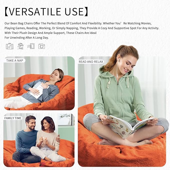 Bean Bag Chair for Adults 5FT,Soft Removable Cover for Teens/Girls Bedroom,Fluffy Giant Round Floor Beanbag Lounger Chairs (No Filler,Orange)