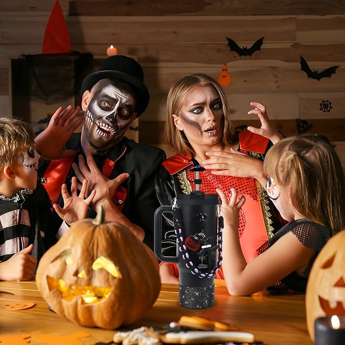 BELSITA Stanley Cup Accessories Set, Black Dog Chain Braided Design Water Bottle Handle Strap, Black Glitter Silicone Stanley Cup Boot, Stanley Charms for Stanley Cup 30/40oz Tumble(Halloween 1)