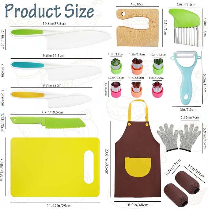 17PCS Wooden Kids Kitchen Knife,4PCS Plastic Serrated Edge Toddler Knife,Nylon Kids knife Set With Kids Apron Gloves Cutting Board Potato Slicers and Peeler DIY Mold,Kids Kitchen Tool for Real Cooking