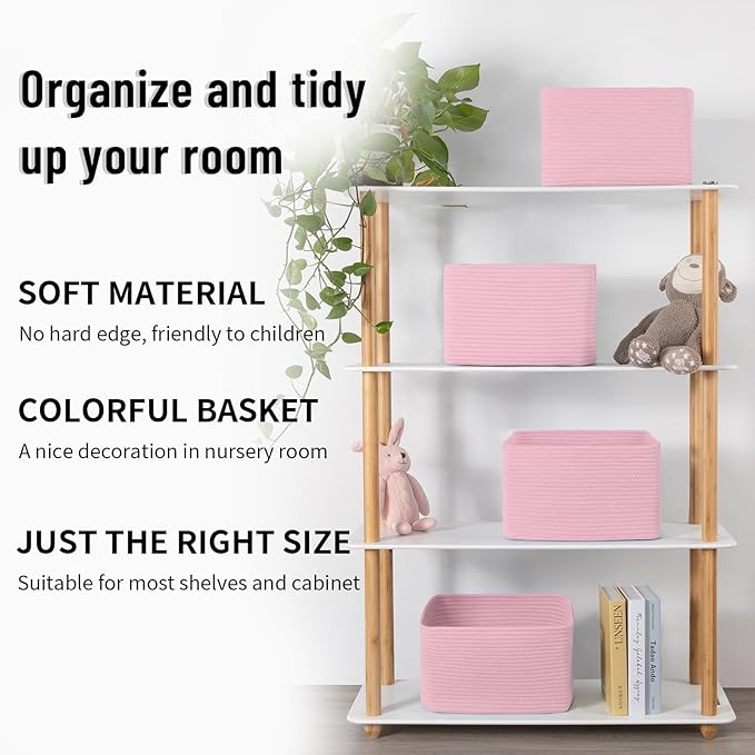 4 Pack Storage Baskets for Organizing Toys, Towels, and Clothes, Woven Basket for Shelves, Sturdy Nursery Cube Bins for Storage, 13''L x9''W x7.8''H, Pink