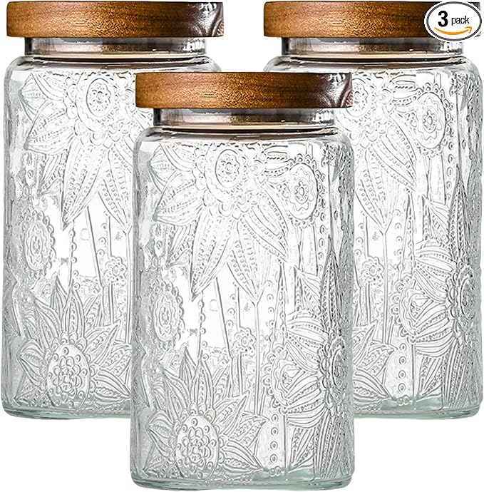 3-Pack 32oz Vintage Glass Jar With Lid, Glass Storage Containers, Airtight Kitchen Storage Containers For Sugar, Coffee, Tea, Spice, Flour, Candy Cookie, Pasta, Cereal
