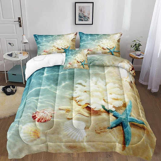 Bedbay Coastal Beach Comforter Set Queen Bedding Beach Theme Comforter Coastal Bedding Set Ocean Quilt Comforter Set Beach Decor Soft Microfiber Lightweigh Summer Comforter Set Queen (Coastal,Queen)