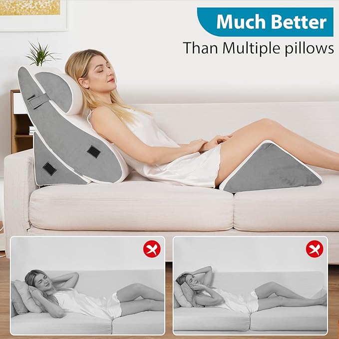 4pcs Wedge Pillow Headboard Set. Comfortable Sleep and Rest Relieves Back and Leg Pain, Aids in Acid and Gastro-Oesophageal Reflux Relief, Reduces Snoring - White