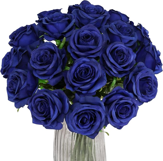 Blue Fake Roses Artificial Flowers - 16 Pcs Fake Artificial Roses Silk Flowers with Stems for Home Wedding Hotel Office Centerpiece Decor（Navy Blue）